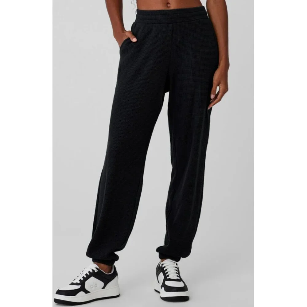 Alo Waffle Weekend Escape Joggers Black High-Rise Waist Thermal Sweats Sweatpant